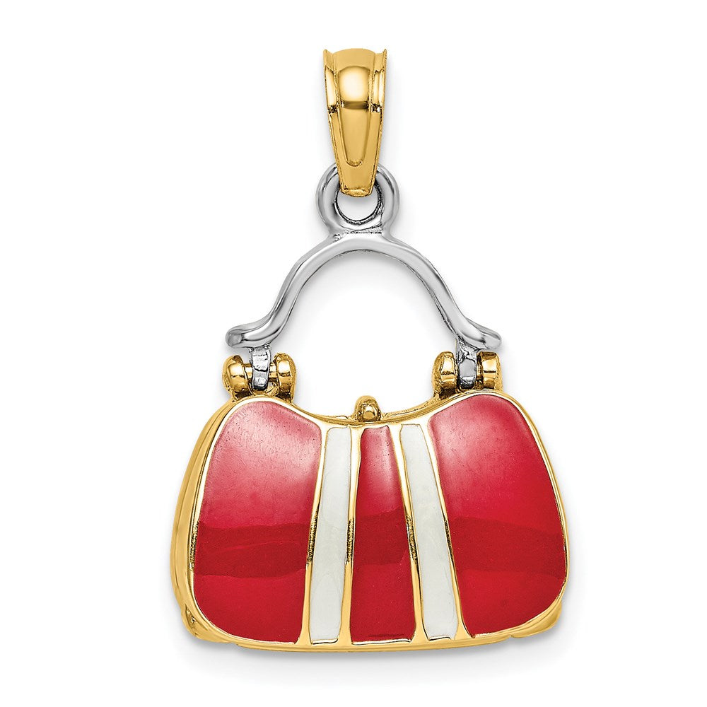 14 Karat Gelbgold und Rhodium 3-D roter emaillierter Handtaschen-Charm zum Öffnen