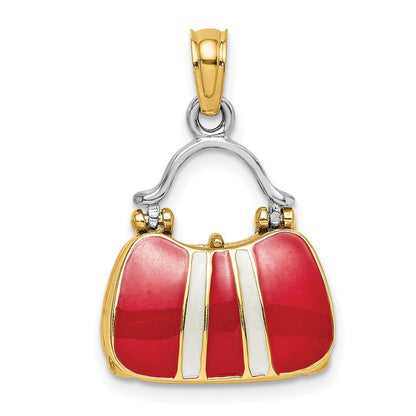 14 Karat Gelbgold und Rhodium 3-D roter emaillierter Handtaschen-Charm zum Öffnen
