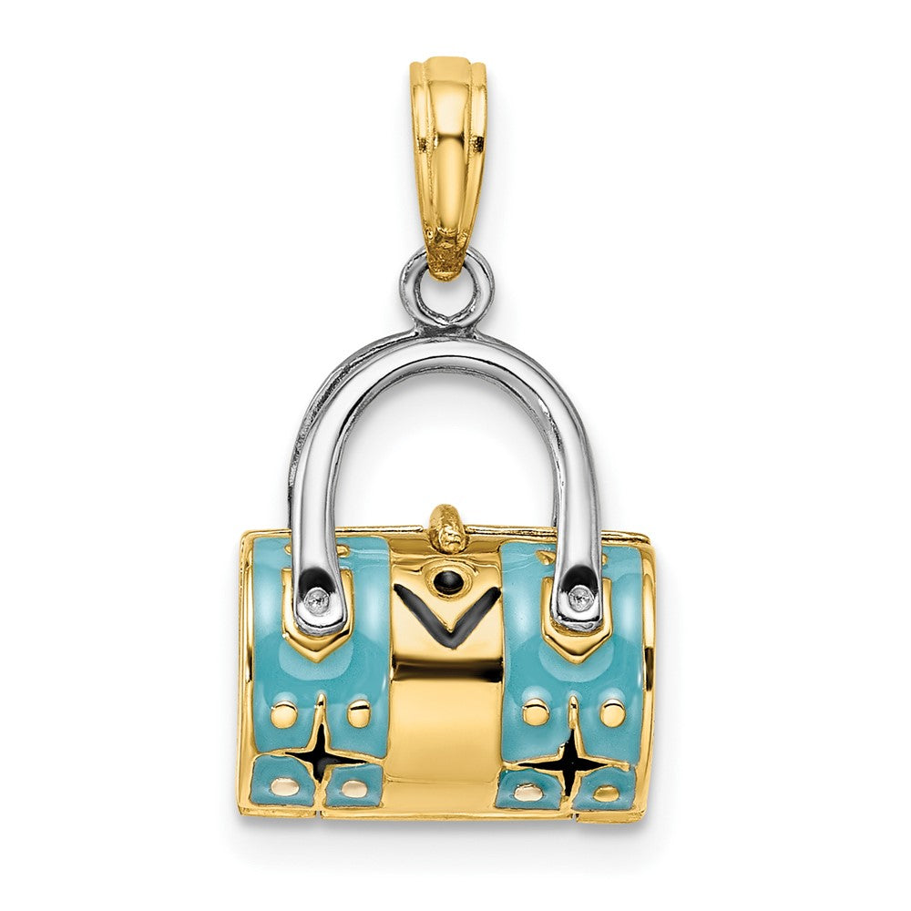 14K Gelb- und Rhodiumgold, 3-D türkisfarben emaillierter, aufklappbarer Reisetaschen-/Handtaschen-Charm