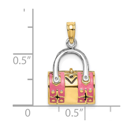 14K Gelbgold & Rhodium 3-D Pinker Emaillierter Handtaschen-Charm zum Öffnen