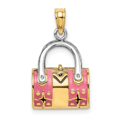 14K Gelbgold & Rhodium 3-D Pinker Emaillierter Handtaschen-Charm zum Öffnen