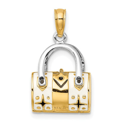 14K Gelb- & Rhodiumgold Rhodiniert 3-D Weiß Emaillierter Handtaschen-Charm zum Öffnen