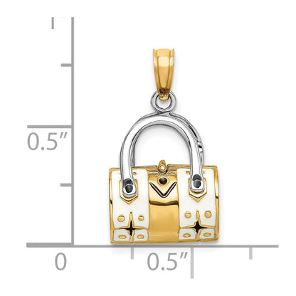 14K Gelb- & Rhodiumgold Rhodiniert 3-D Weiß Emaillierter Handtaschen-Charm zum Öffnen