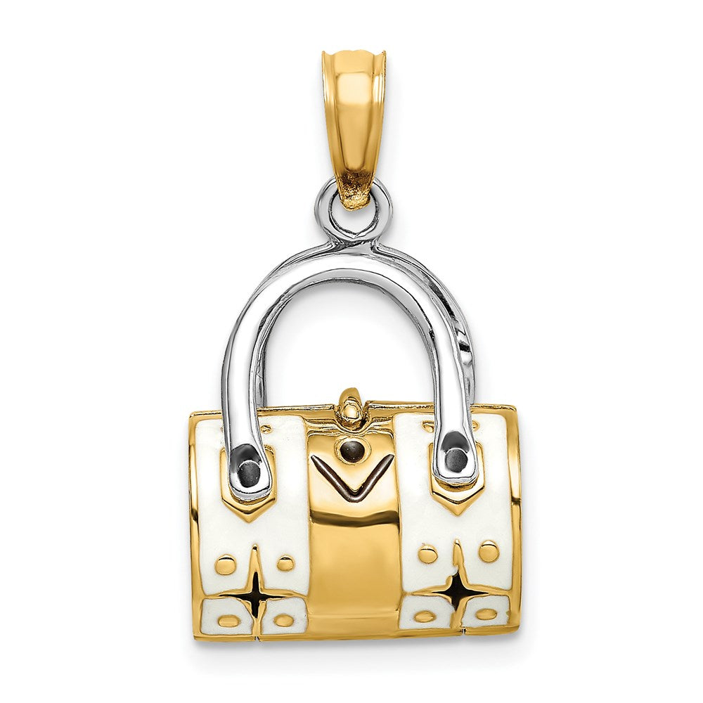 14K Gelb- & Rhodiumgold Rhodiniert 3-D Weiß Emaillierter Handtaschen-Charm zum Öffnen