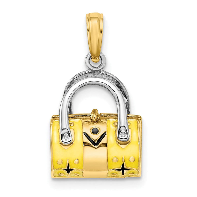 14K Gelb- und Rhodiniertes Gold mit Rhodium, 3-D gelb emaillierter, sich öffnender Seesack-/Taschen-Charm