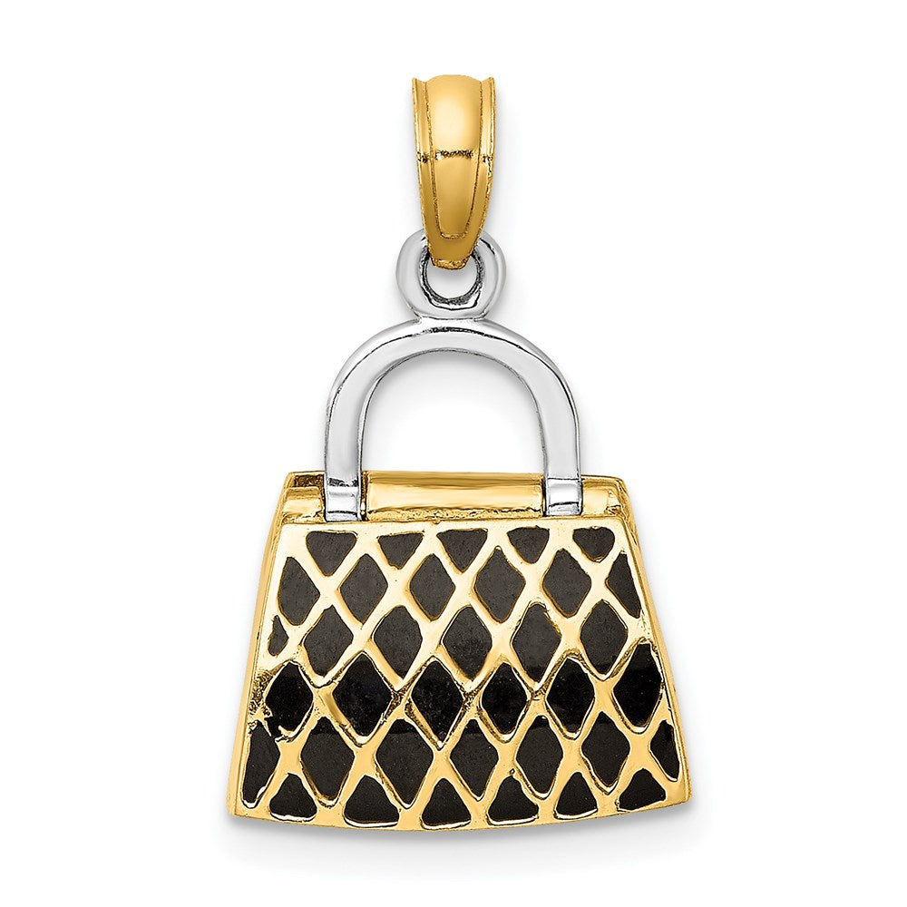 14K Gelbgold & Rhodium 3-D-Handtaschen-Charm mit schwarzer und weißer Emaille, zum Öffnen