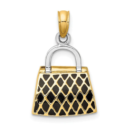 14K Gelbgold & Rhodium 3-D-Handtaschen-Charm mit schwarzer und weißer Emaille, zum Öffnen