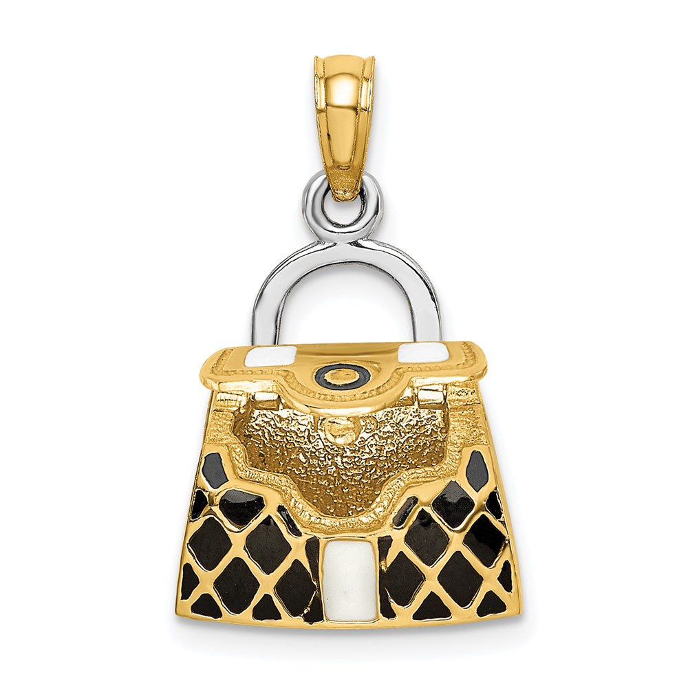 14K Gelbgold & Rhodium 3-D-Handtaschen-Charm mit schwarzer und weißer Emaille, zum Öffnen