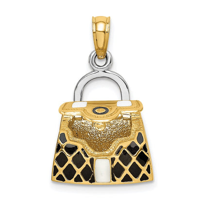 14K Gelbgold & Rhodium 3-D-Handtaschen-Charm mit schwarzer und weißer Emaille, zum Öffnen