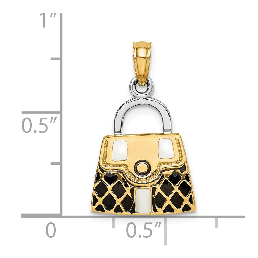 14K Gelbgold & Rhodium 3-D-Handtaschen-Charm mit schwarzer und weißer Emaille, zum Öffnen
