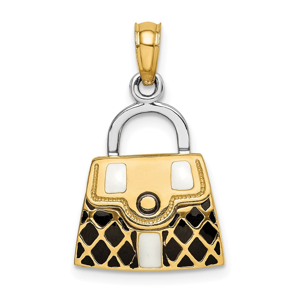 14K Gelbgold & Rhodium 3-D-Handtaschen-Charm mit schwarzer und weißer Emaille, zum Öffnen