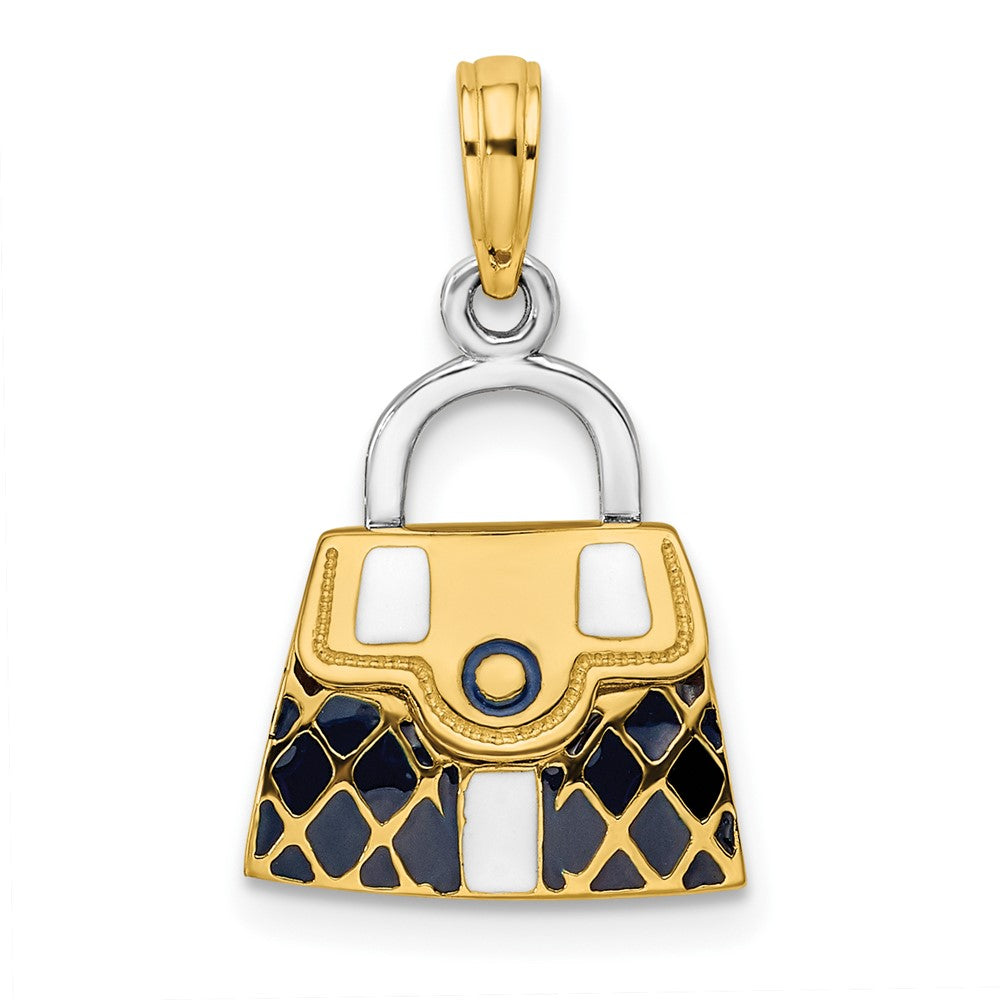 14 Karat Gelbgold & Rhodium mit Rhodium, 3-D offener gesteppter Handtaschen-Charm in Schwarz