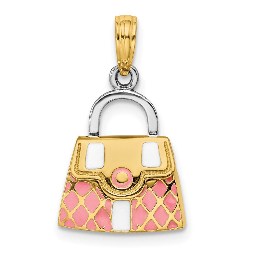 14K Gelbgold & Rhodium 3-D Rosa Quilted Handtaschen-Charm zum Öffnen