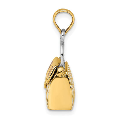 14K Gelb- und Rhodium-Gold 3-D-Handtaschen-Charm mit rotem und weißem Emaille, zum Öffnen