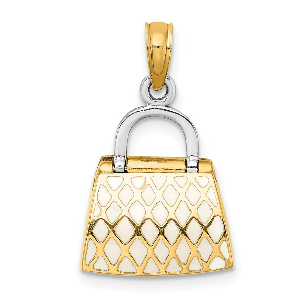 14K Gelb- und Rhodium-Gold 3-D-Handtaschen-Charm mit rotem und weißem Emaille, zum Öffnen