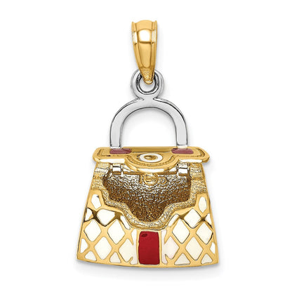 14K Gelb- und Rhodium-Gold 3-D-Handtaschen-Charm mit rotem und weißem Emaille, zum Öffnen