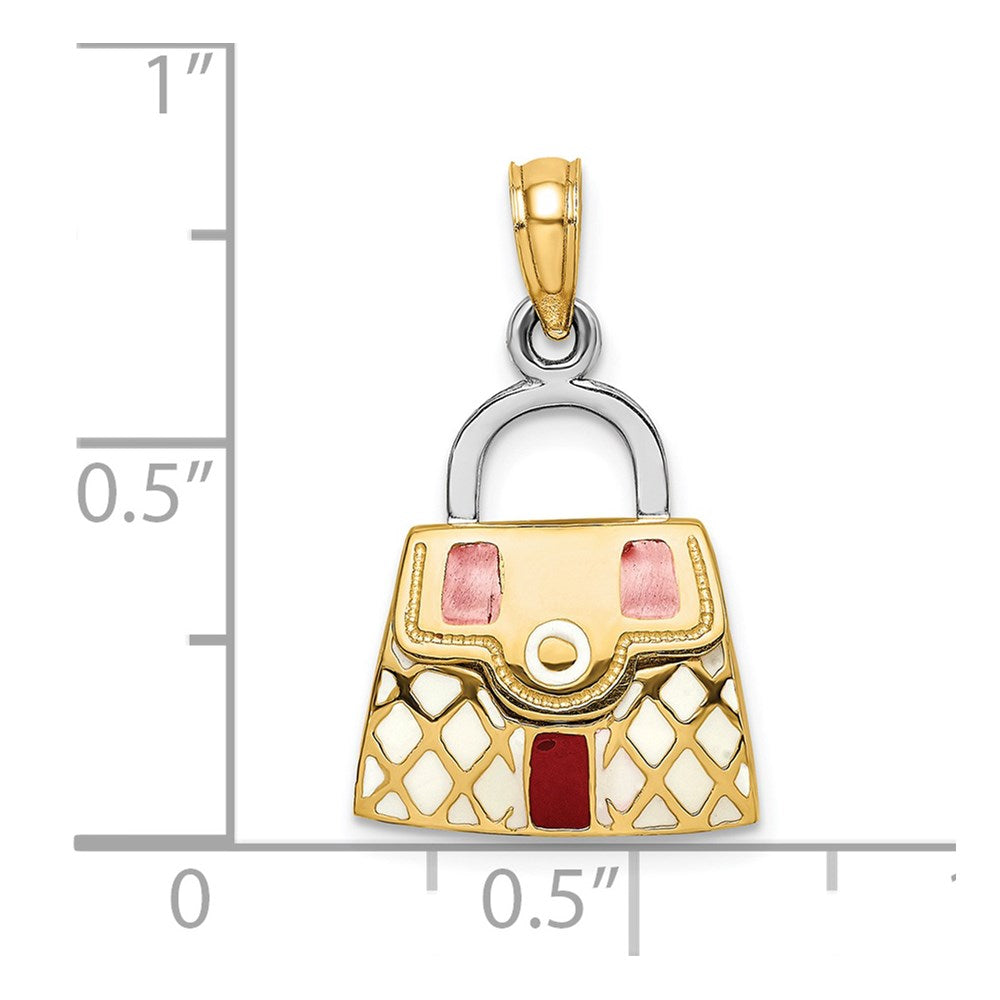 14K Gelb- und Rhodium-Gold 3-D-Handtaschen-Charm mit rotem und weißem Emaille, zum Öffnen