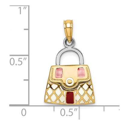 14K Gelb- und Rhodium-Gold 3-D-Handtaschen-Charm mit rotem und weißem Emaille, zum Öffnen