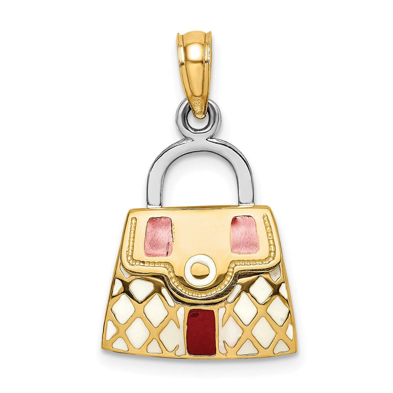 14K Gelb- und Rhodium-Gold 3-D-Handtaschen-Charm mit rotem und weißem Emaille, zum Öffnen