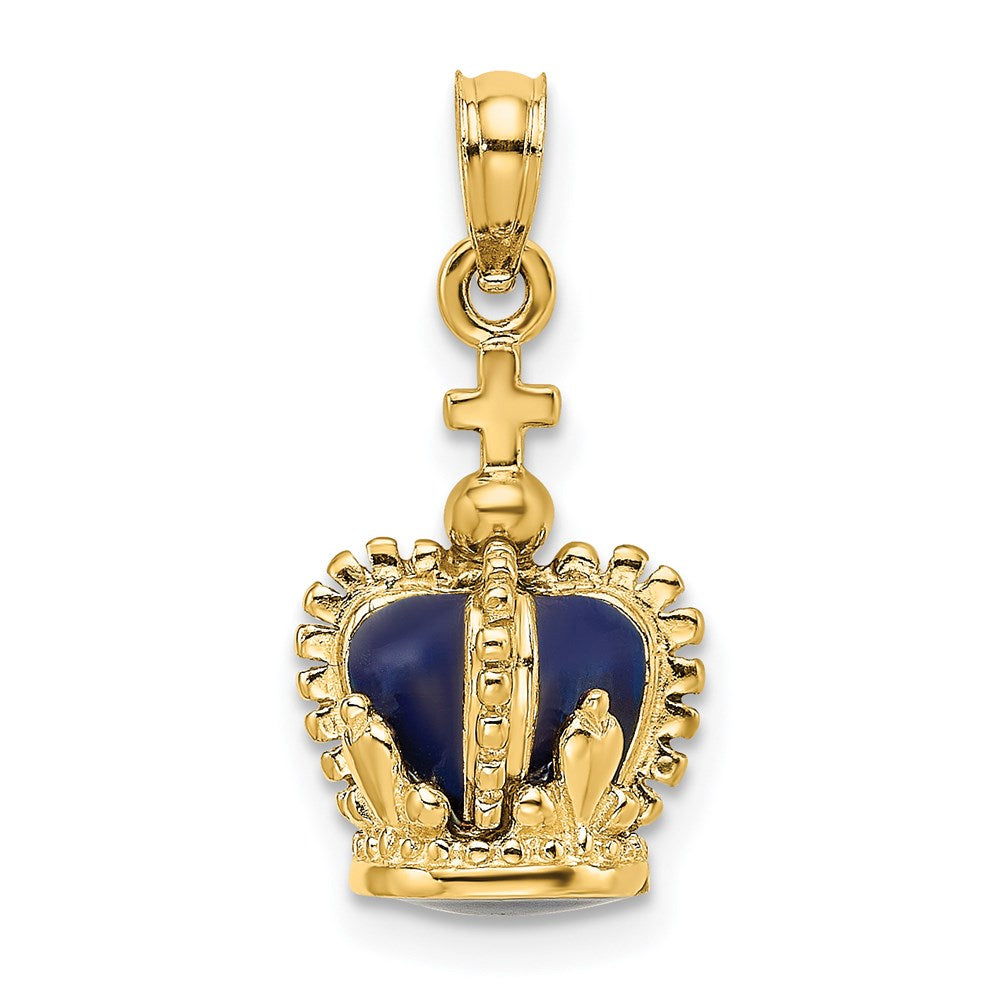 14K Gelbgold 3-D-Charm Krone mit Kreuz obenauf, emailliert