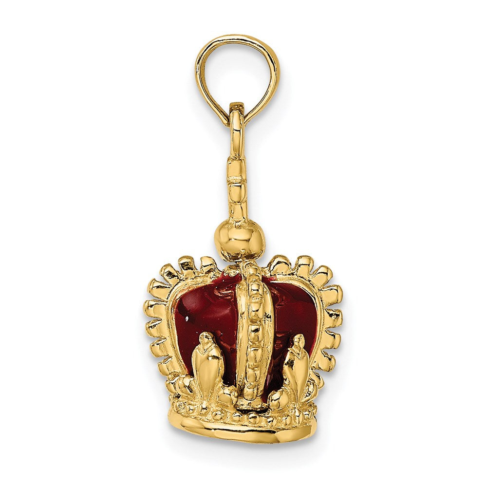 14K Gelbgold 3-D Charm Krone mit rotem Emaille innen und Kreuz obenauf