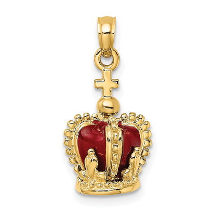 14K Gelbgold 3-D Charm Krone mit rotem Emaille innen und Kreuz obenauf