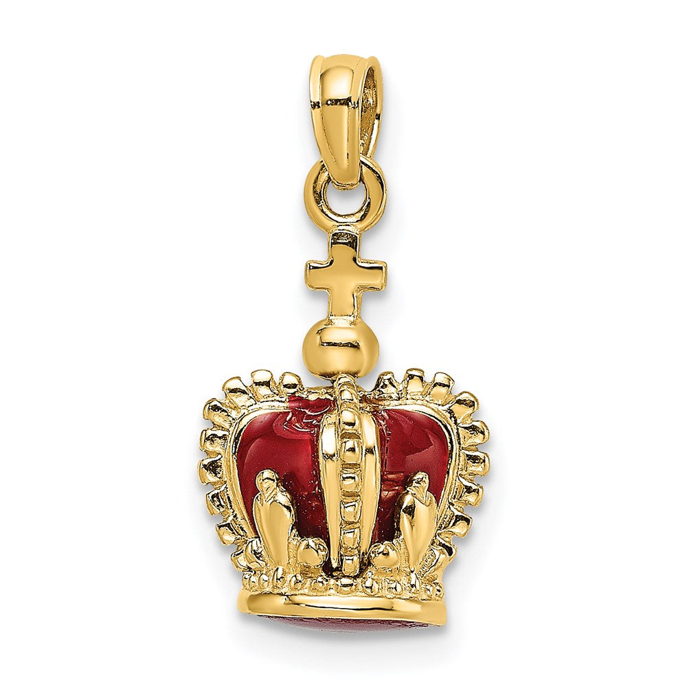 14K Gelbgold 3-D Charm Krone mit rotem Emaille innen und Kreuz obenauf