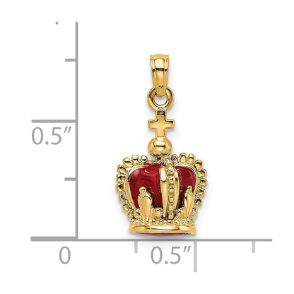 14K Gelbgold 3-D Charm Krone mit rotem Emaille innen und Kreuz obenauf