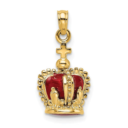 14K Gelbgold 3-D Charm Krone mit rotem Emaille innen und Kreuz obenauf