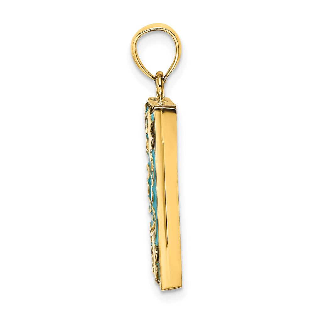 14K Gelbgold Bilderrahmen-Charm mit floraler Aqua-Emaille