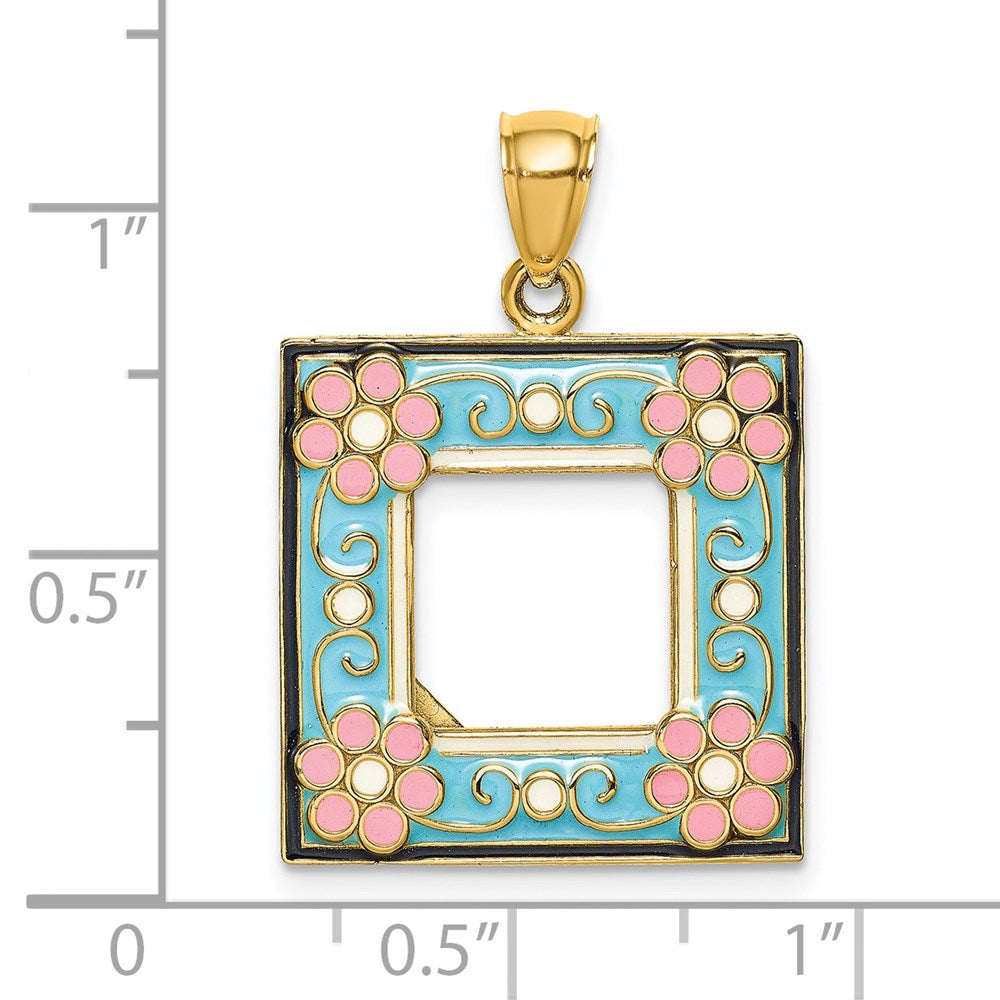 14K Gelbgold Bilderrahmen-Charm mit floraler Aqua-Emaille