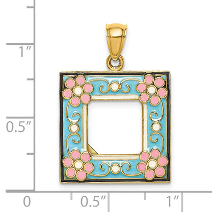 14K Gelbgold Bilderrahmen-Charm mit floraler Aqua-Emaille