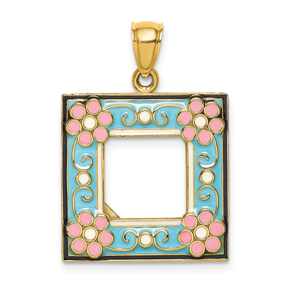 14K Gelbgold Bilderrahmen-Charm mit floraler Aqua-Emaille