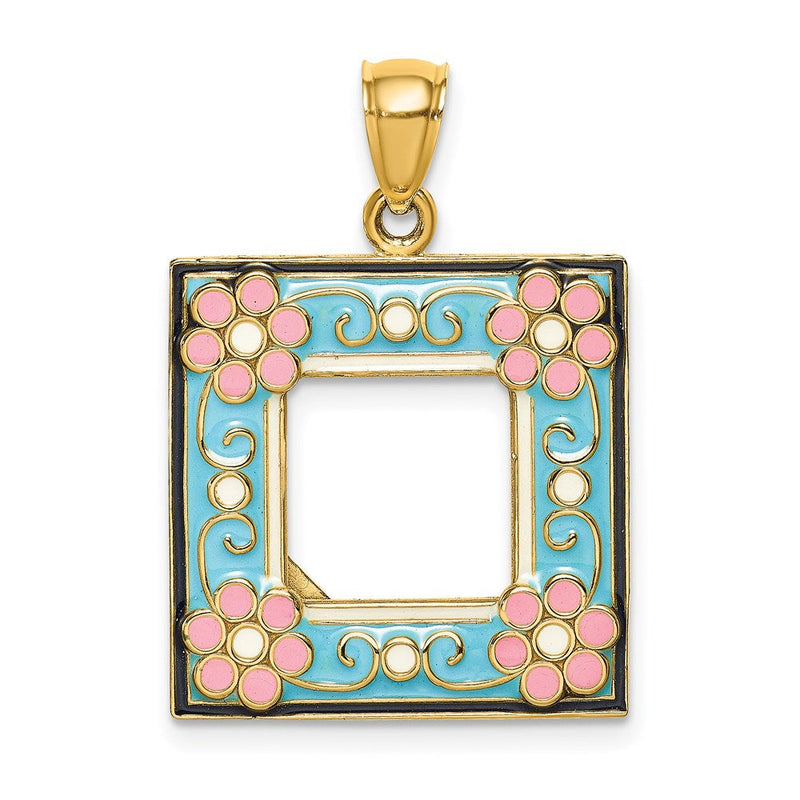 14K Gelbgold Bilderrahmen-Charm mit floraler Aqua-Emaille