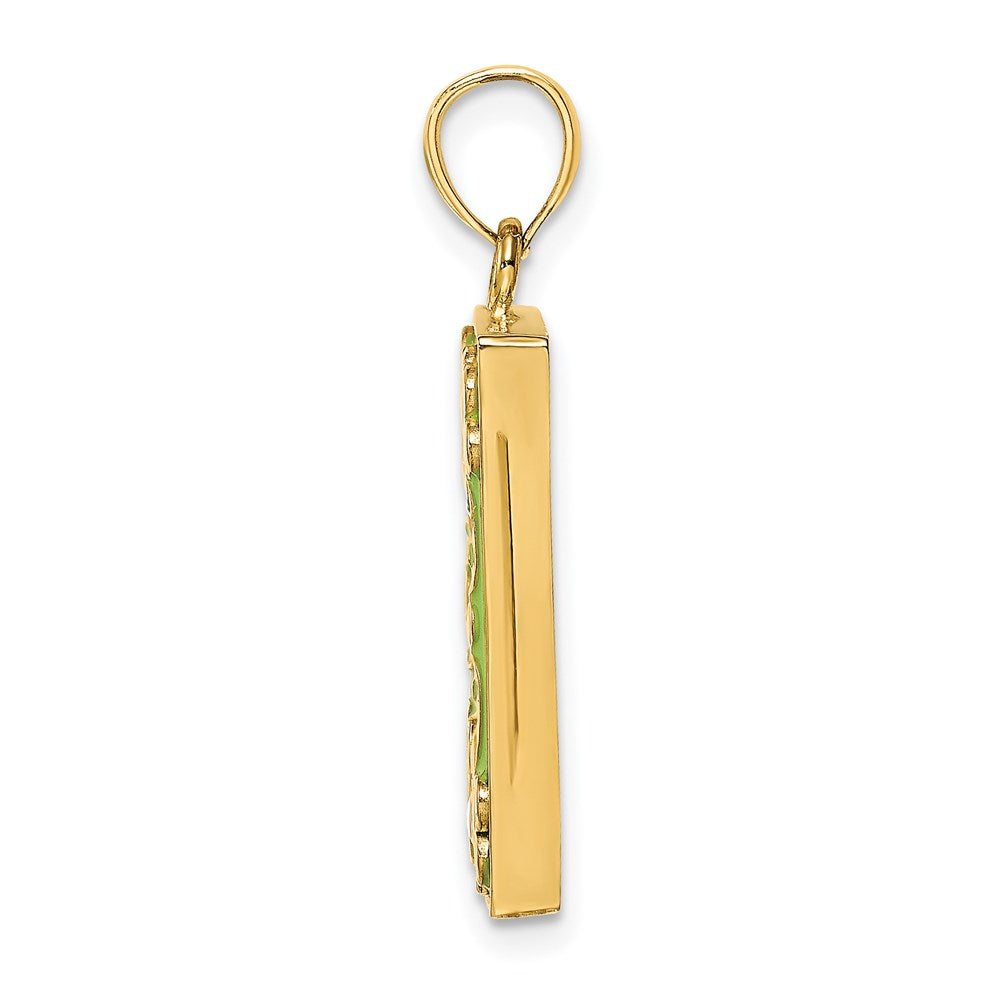 14K Gelbgold Charm „Bilderrahmen" mit grüner Emaille-Blumenverzierung