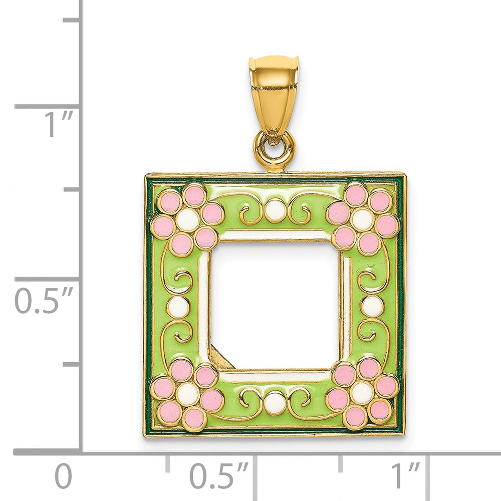 14K Gelbgold Charm „Bilderrahmen" mit grüner Emaille-Blumenverzierung