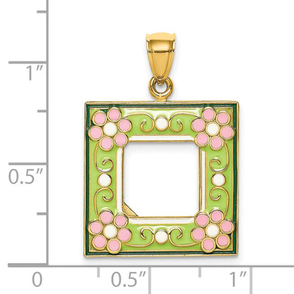 14K Gelbgold Charm „Bilderrahmen" mit grüner Emaille-Blumenverzierung