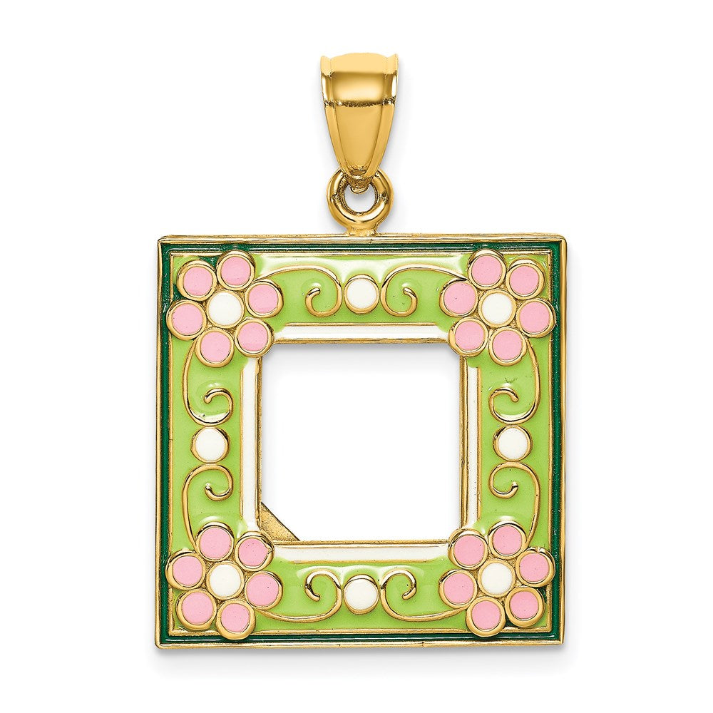 14K Gelbgold Charm „Bilderrahmen" mit grüner Emaille-Blumenverzierung