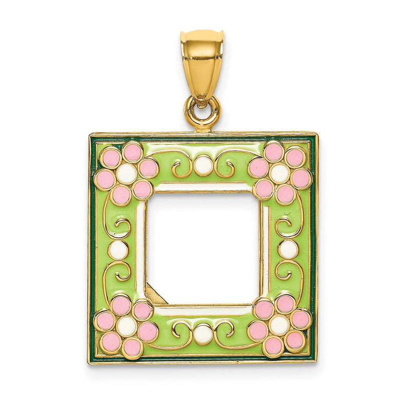 14K Gelbgold Charm „Bilderrahmen" mit grüner Emaille-Blumenverzierung