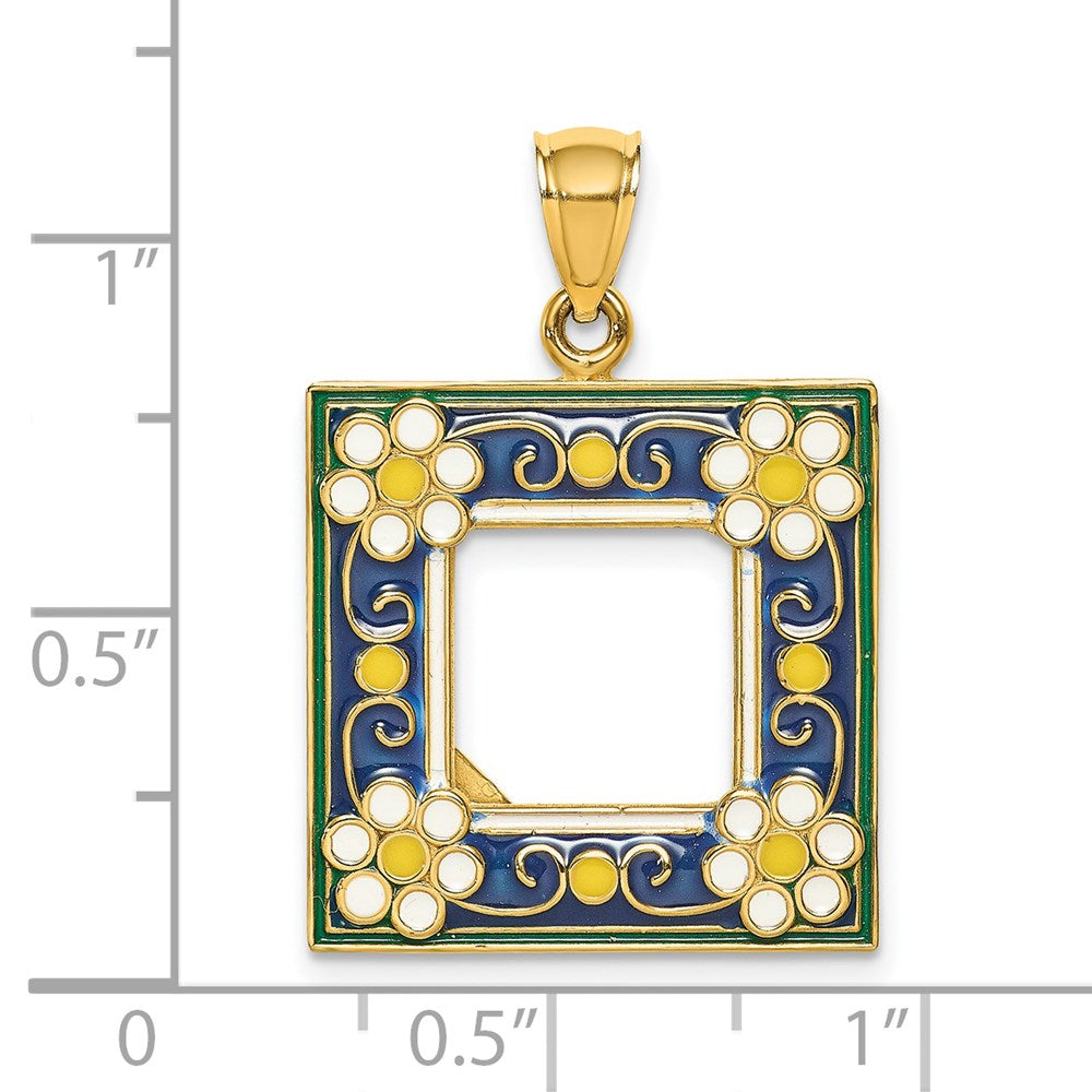 14K Gelbgold Bilderrahmen-Charm mit marineblauer Blumenemaille