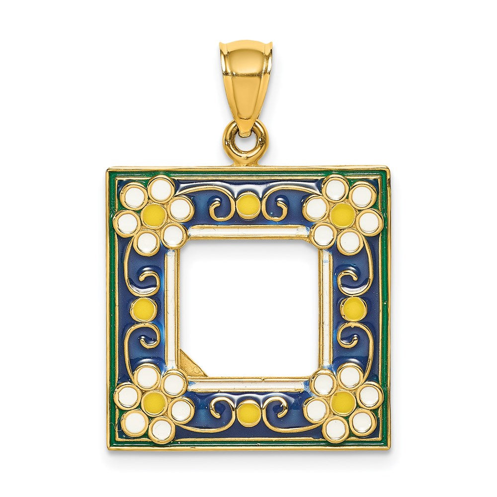 14K Gelbgold Bilderrahmen-Charm mit marineblauer Blumenemaille