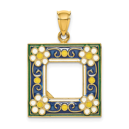 14K Gelbgold Bilderrahmen-Charm mit marineblauer Blumenemaille
