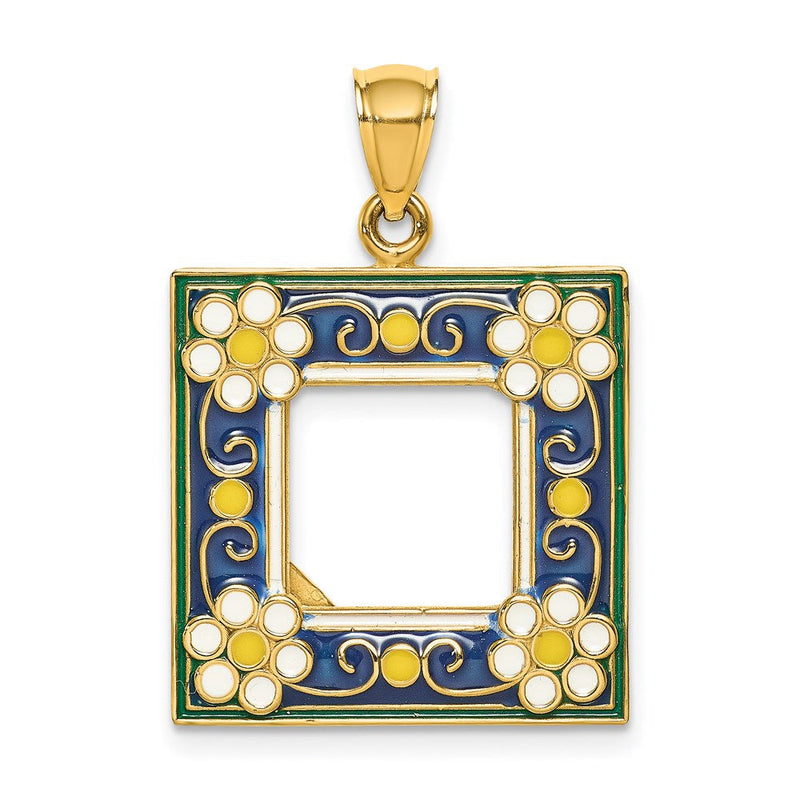 14K Gelbgold Bilderrahmen-Charm mit marineblauer Blumenemaille