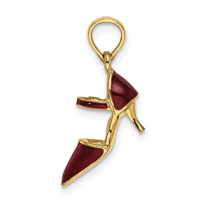 14K Gelbgold 3-D-High-Heel-Charm mit geschlossener Spitze und kastanienbrauner Emaille