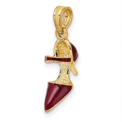 14K Gelbgold 3-D-High-Heel-Charm mit geschlossener Spitze und kastanienbrauner Emaille