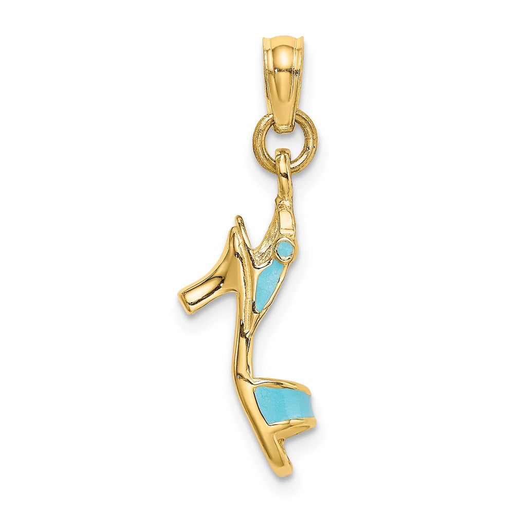 14K Gelbgold 3-d Aqua Emaille Offen Zehen Hoch Heel Charm