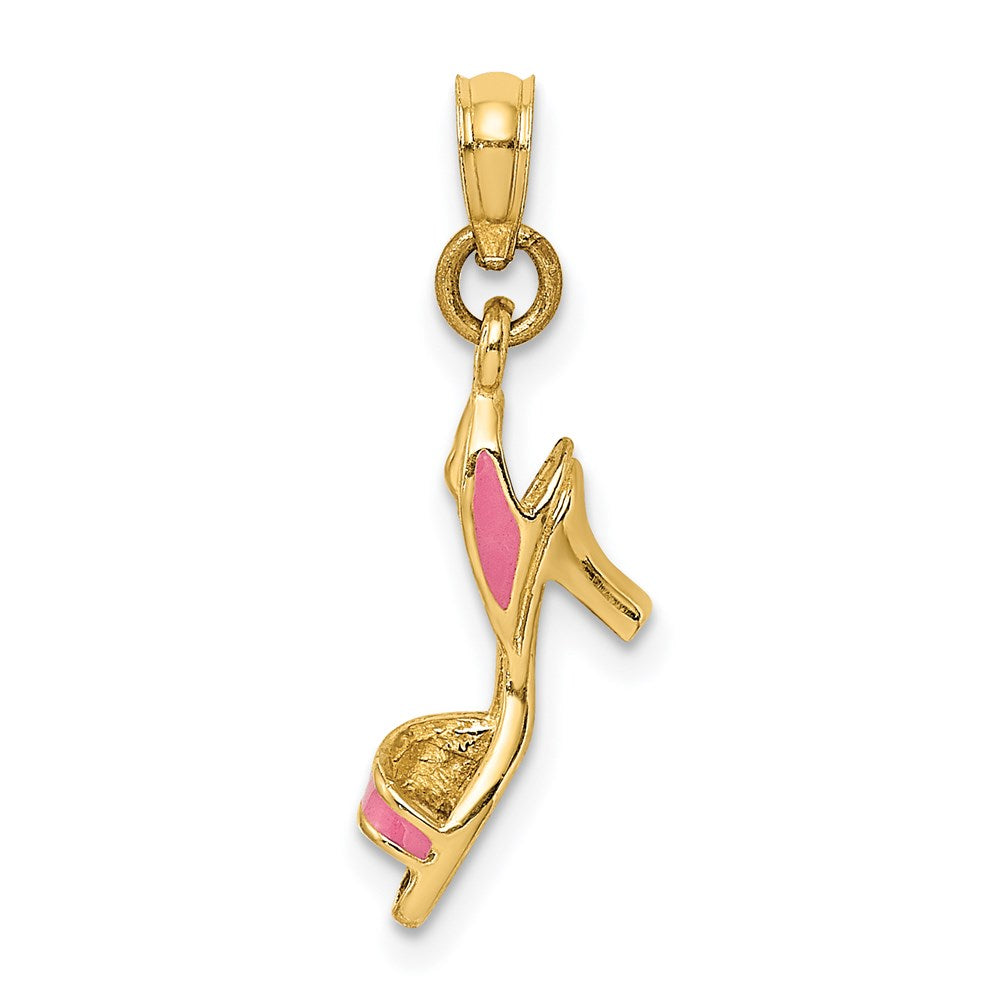 14K Gelbgold 3-d Rosa Emaille Offen Zehen Hoch Heel Charm
