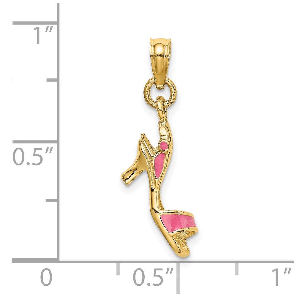 14K Gelbgold 3-d Rosa Emaille Offen Zehen Hoch Heel Charm