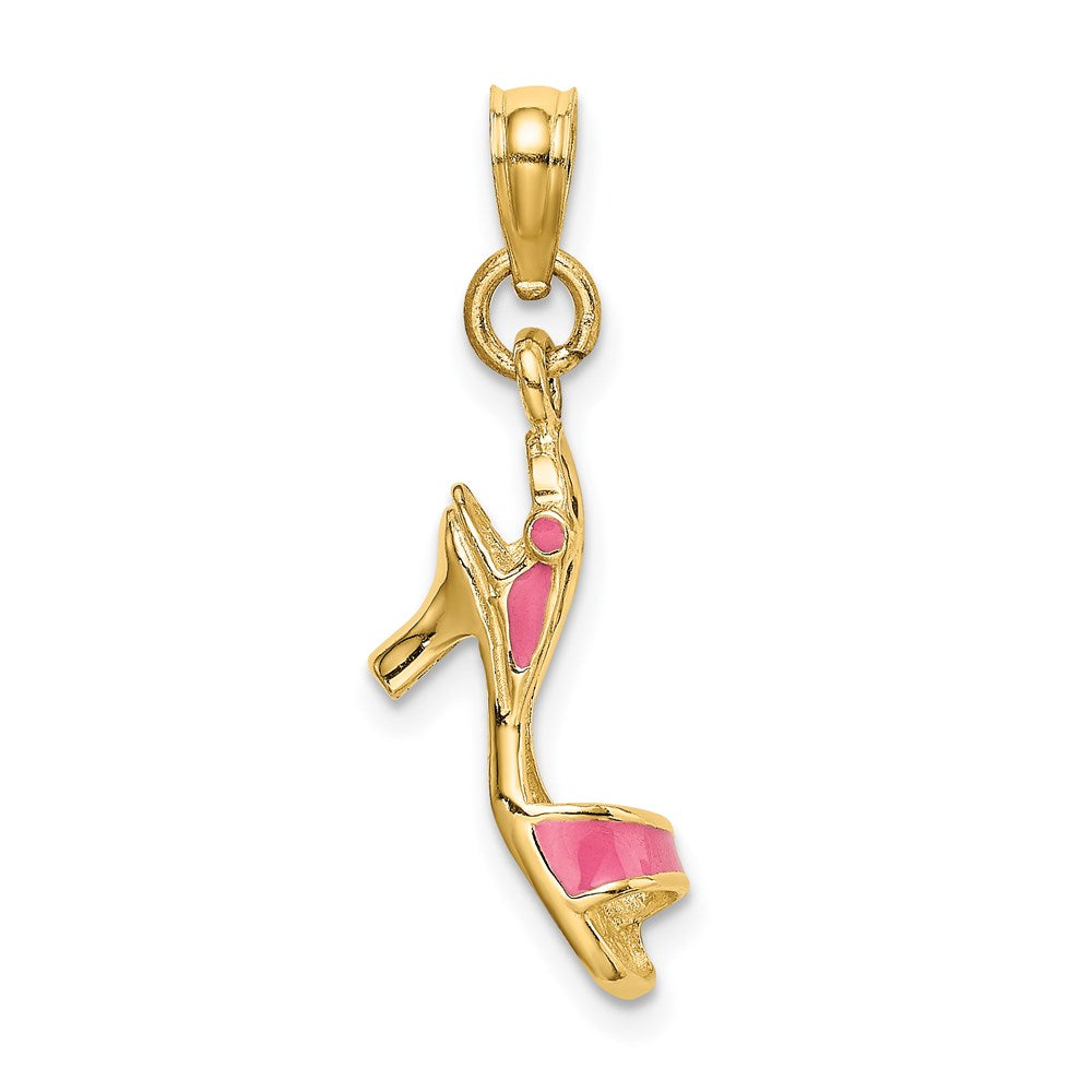 14K Gelbgold 3-d Rosa Emaille Offen Zehen Hoch Heel Charm