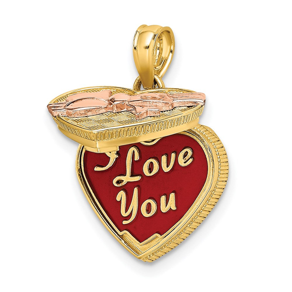 14K Bicolor-Gold 3D-Bonbon-Box-Charm mit Emaille „ICH LIEBE DICH“ innen